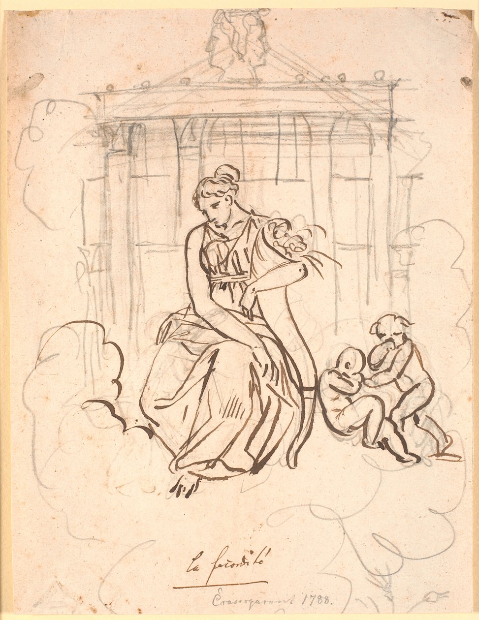 La diosa de la fertilidad, sentada frente al Templo de Jano con un par de niños jugando de Nicolai Abildgaard