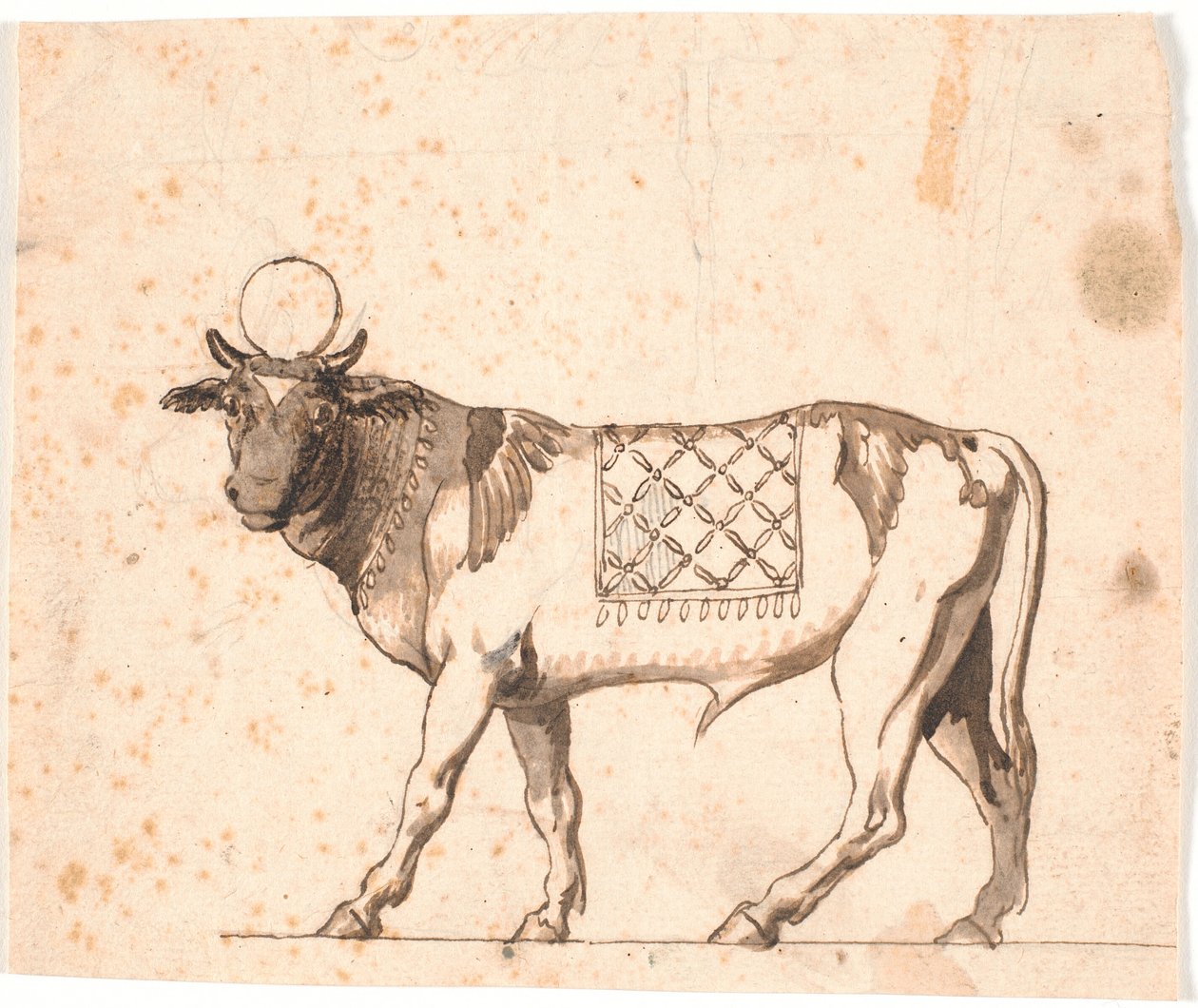 Representación de un apis antiguo, mirando hacia la izquierda con la cabeza de frente de Nicolai Abildgaard