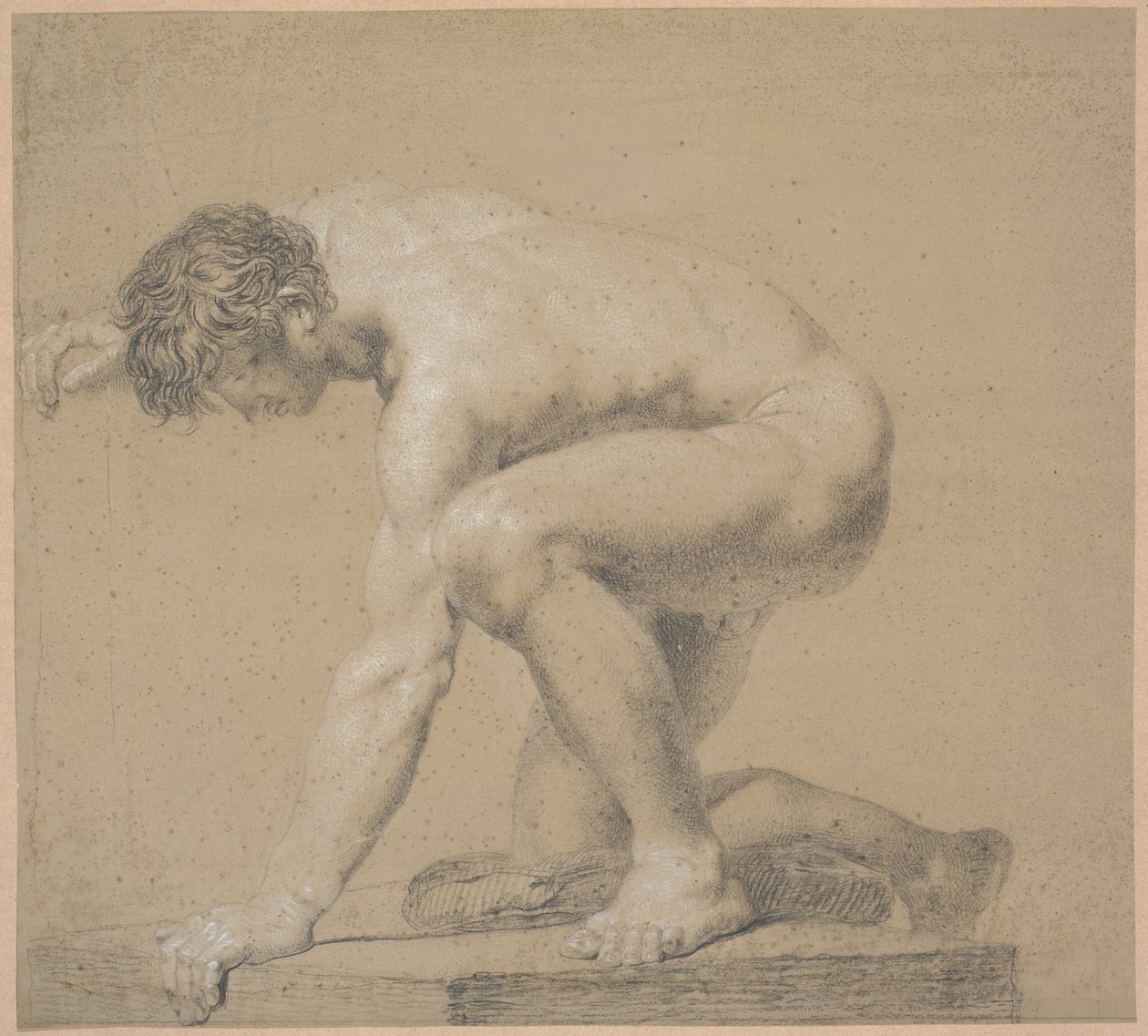 Modelo medio arrodillado. Rodilla derecha apoyada en almohada. Brazo derecho levantado detrás de la cabeza. Brazo izquierdo apoyado de Nicolai Abildgaard