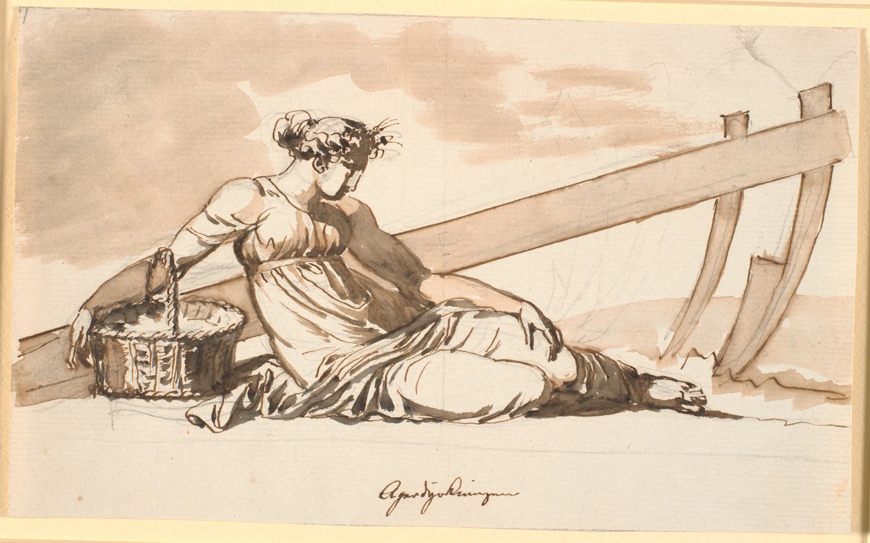 Mujer descansando frente a un arado. Alegoría de la agricultura de Nicolai Abildgaard