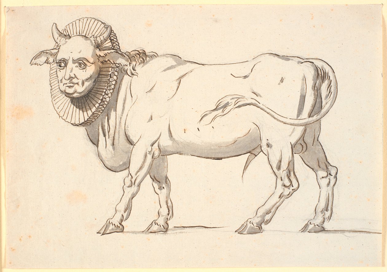 Caricatura de una persona clerical, en forma de toro con cara humana y cuello de almidón de Nicolai Abildgaard