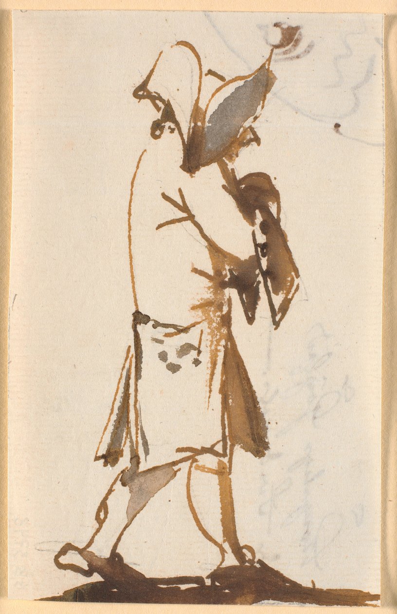 Caricatura de un hombre caminando con sombrero triangular, de perfil a la derecha de Nicolai Abildgaard