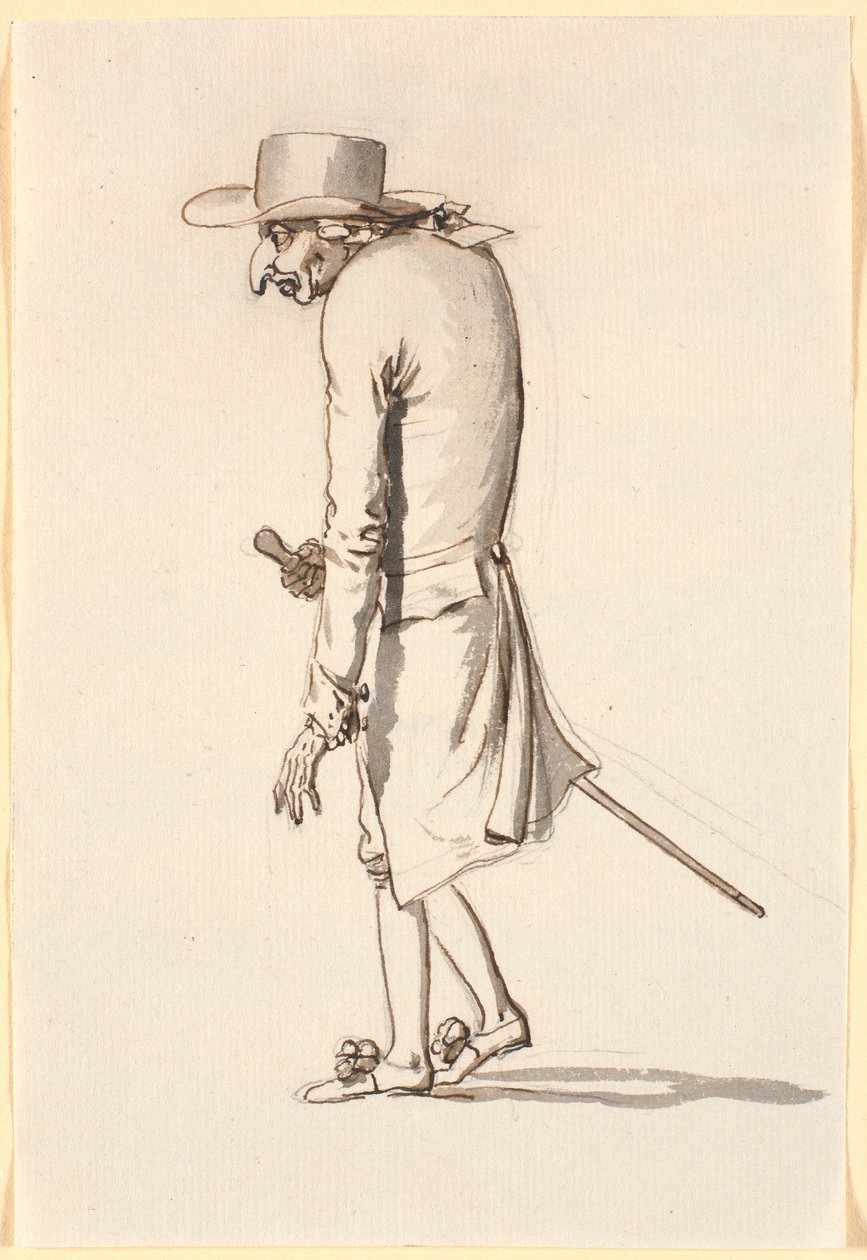 Caricatura de un hombre encorvado, caminando hacia la izquierda, con un bastón en la mano derecha de Nicolai Abildgaard