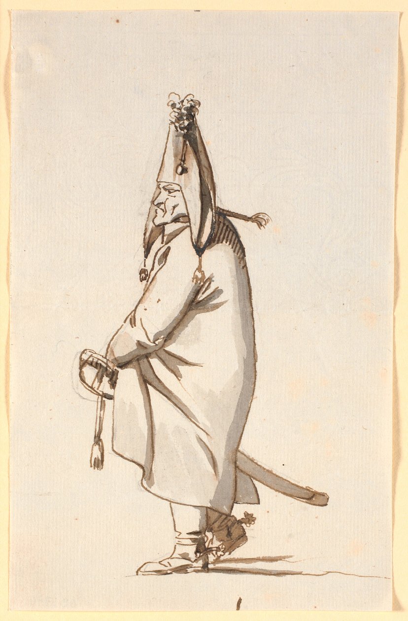 Caricatura de un militar en capa larga, montando su sable como caballo de palo de Nicolai Abildgaard