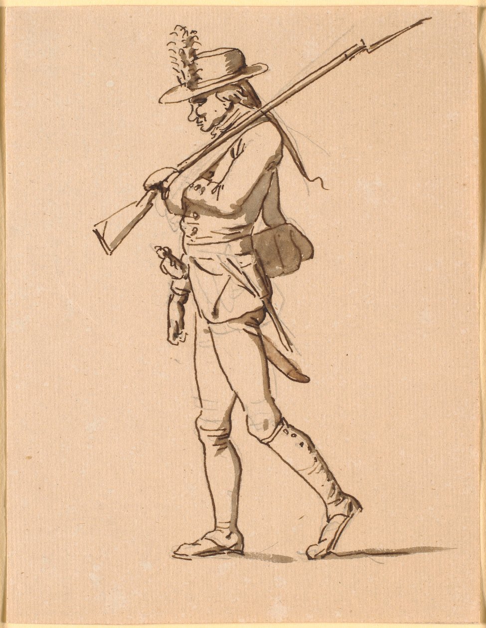 Caricatura de un Soldado en Perfil a la Izquierda. Su Brazo Izquierdo está Vendado, pero Lleva un Fusil. de Nicolai Abildgaard