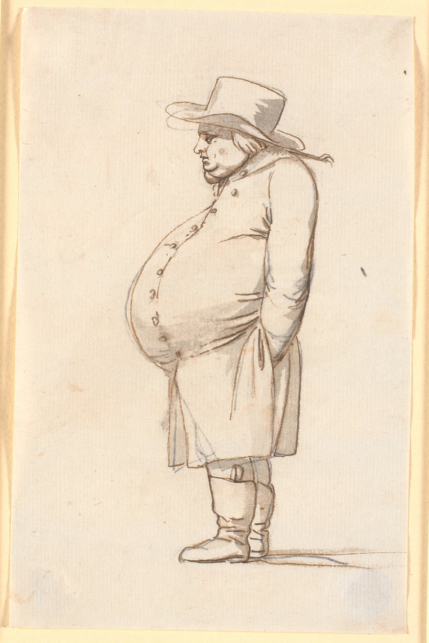 Caricatura de un hombre barrigón, de pie en perfil hacia la izquierda de Nicolai Abildgaard