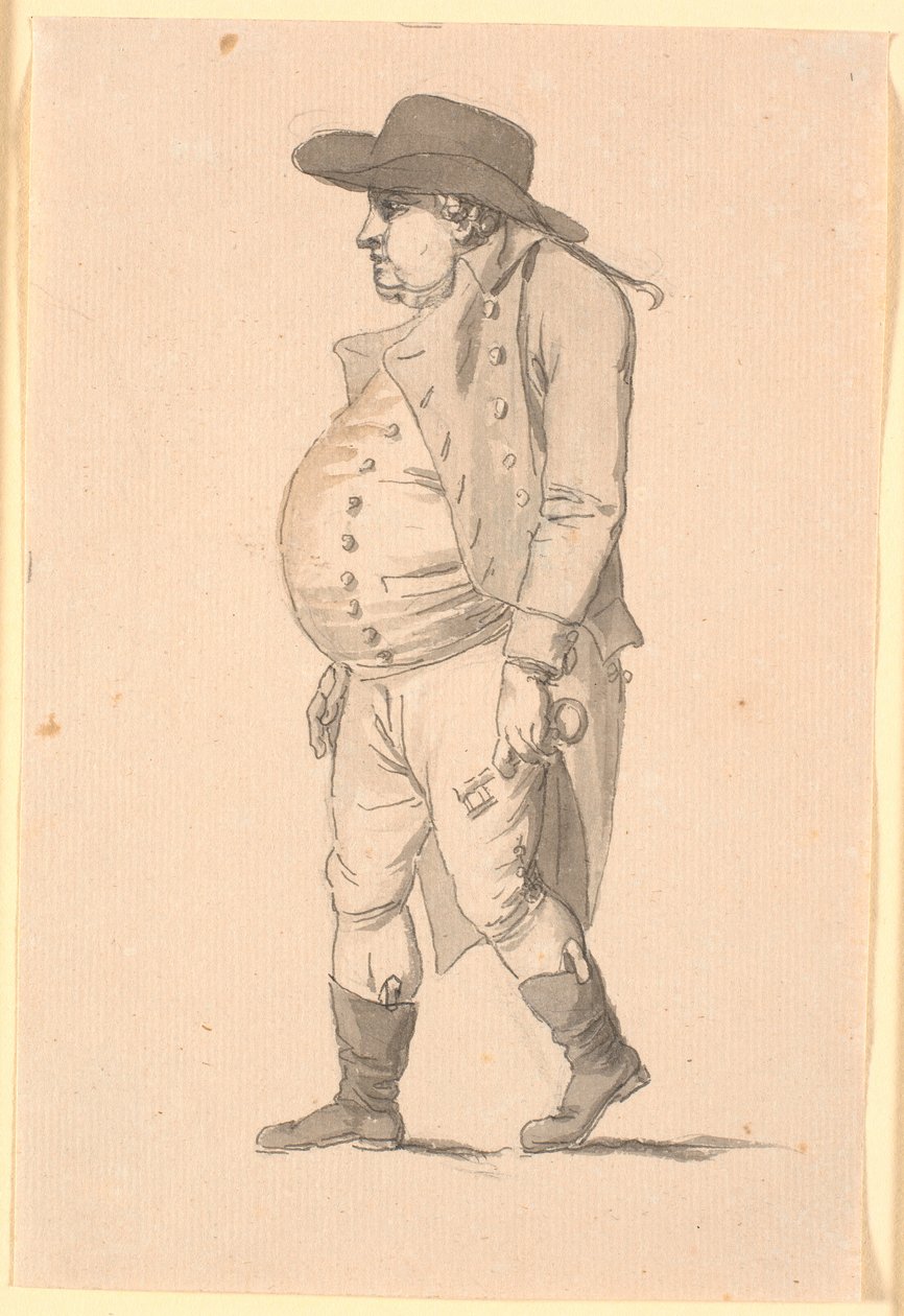 Caricatura de hombre barrigón, caminando hacia la izquierda, con una gran llave en la mano izquierda de Nicolai Abildgaard