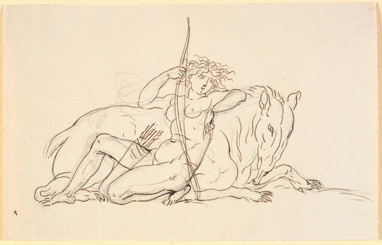 Figura femenina con flechas y carcaj, sentada apoyada contra un animal fantástico (posiblemente un oso hormiguero). Alegoría de América de Nicolai Abildgaard