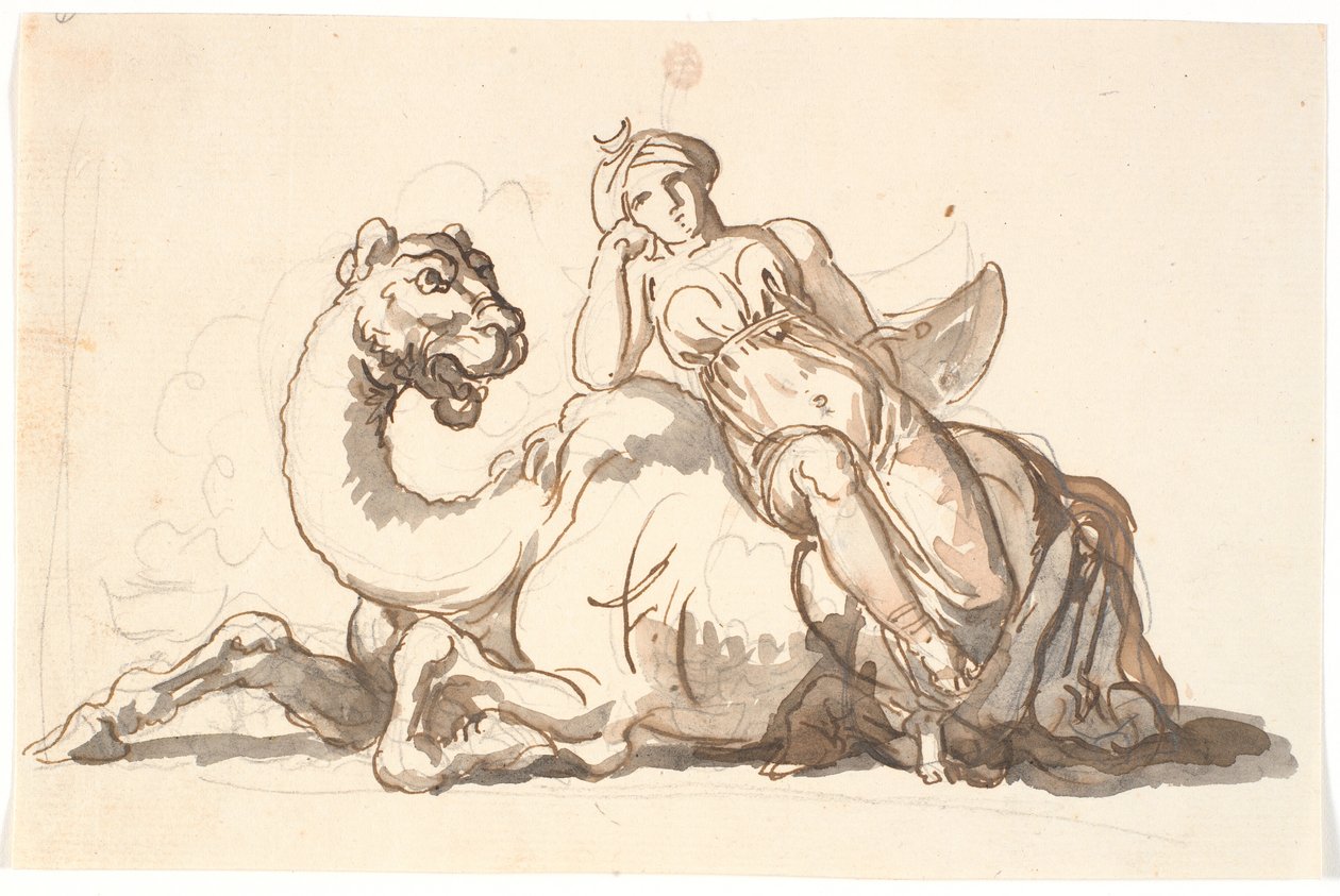 Figura femenina con turbante y media luna, sentada apoyada contra un camello fantástico. Alegoría de Asia de Nicolai Abildgaard