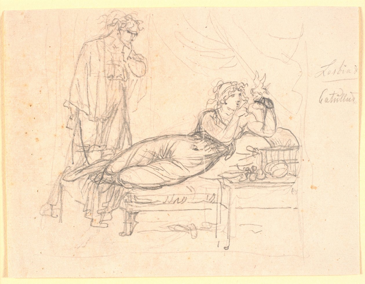 Lesbia y Catulo. Lesbia acostada, sosteniendo un pájaro en la mano izquierda. Catulo está detrás de Nicolai Abildgaard