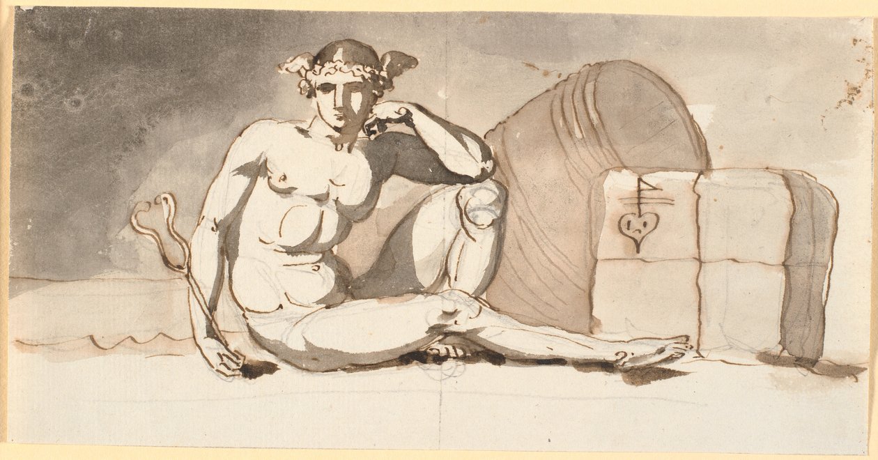 Mercurio, sentado junto a fardos de mercancías. Alegoría del comercio de Nicolai Abildgaard