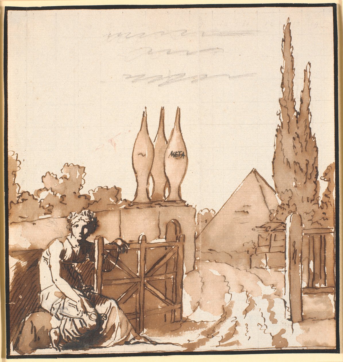 El objetivo de la carrera de la vida. Dibujo alegórico. Una mujer abre la puerta al cementerio con metate y pirámide de Nicolai Abildgaard