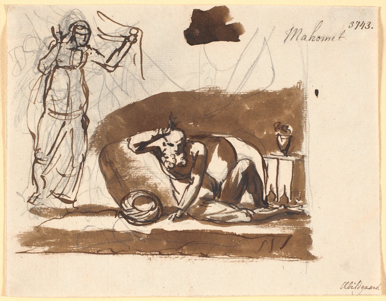 Muhamed, sentado entre almohadas, a la izquierda una figura femenina de Nicolai Abildgaard