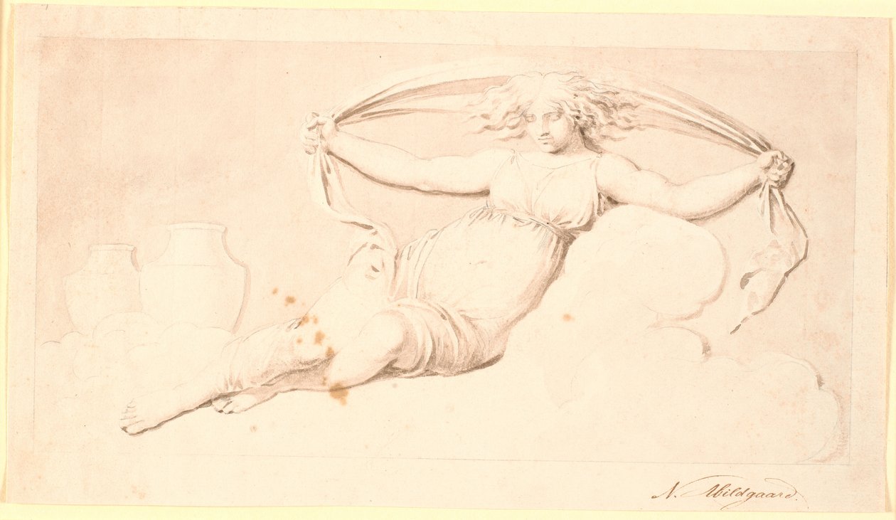 La noche, una figura femenina descansando. Ejecutado como grisalla. Misma composición que Td 542,38 pero sin alas y con el cabello suelto de Nicolai Abildgaard