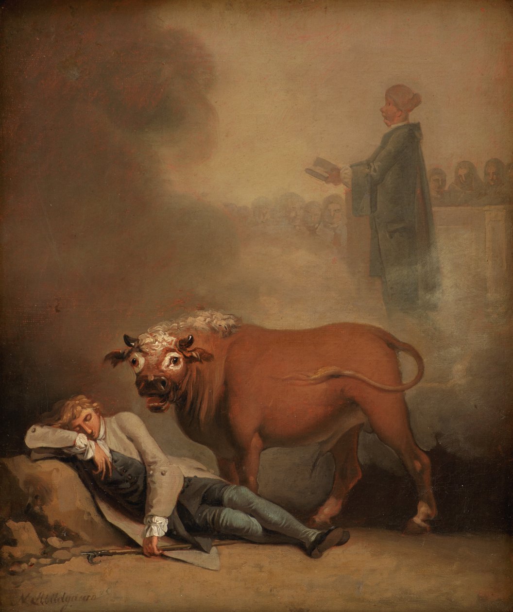 Niels Klim cree escuchar al diácono cuando es despertado por un toro de Nicolai Abildgaard