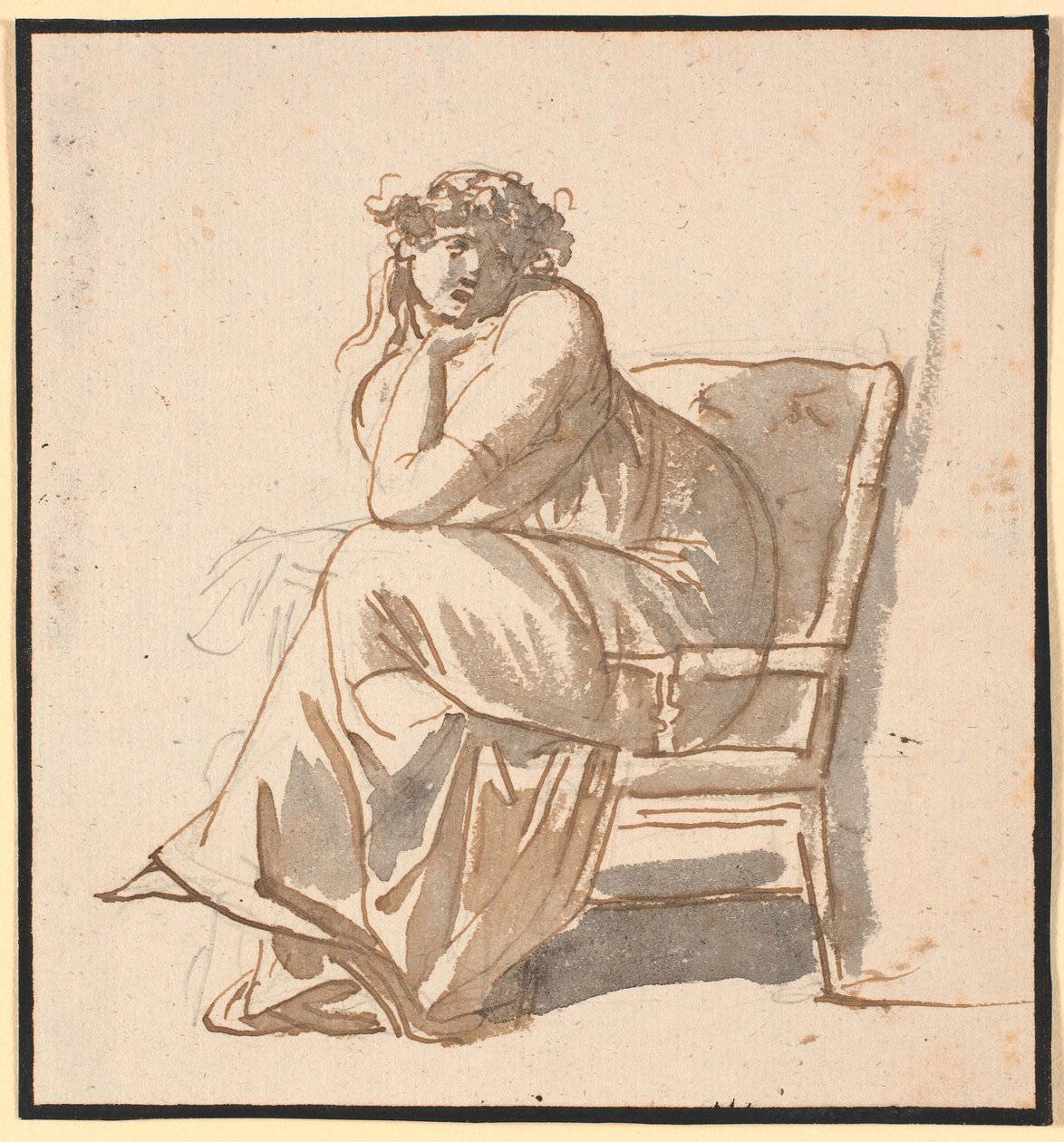 Retrato de la segunda esposa del artista Juliane Marie Abildgaard, nacida Ottesen, embarazada, sentada en un sillón con la barbilla apoyada en la mano y el codo en la rodilla de Nicolai Abildgaard