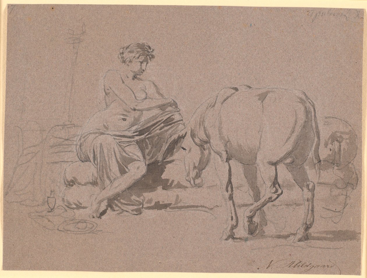 Escena de "El asno de oro" de Apuleyo, libro 10. La joven se desnuda, a la derecha está el asno de Nicolai Abildgaard