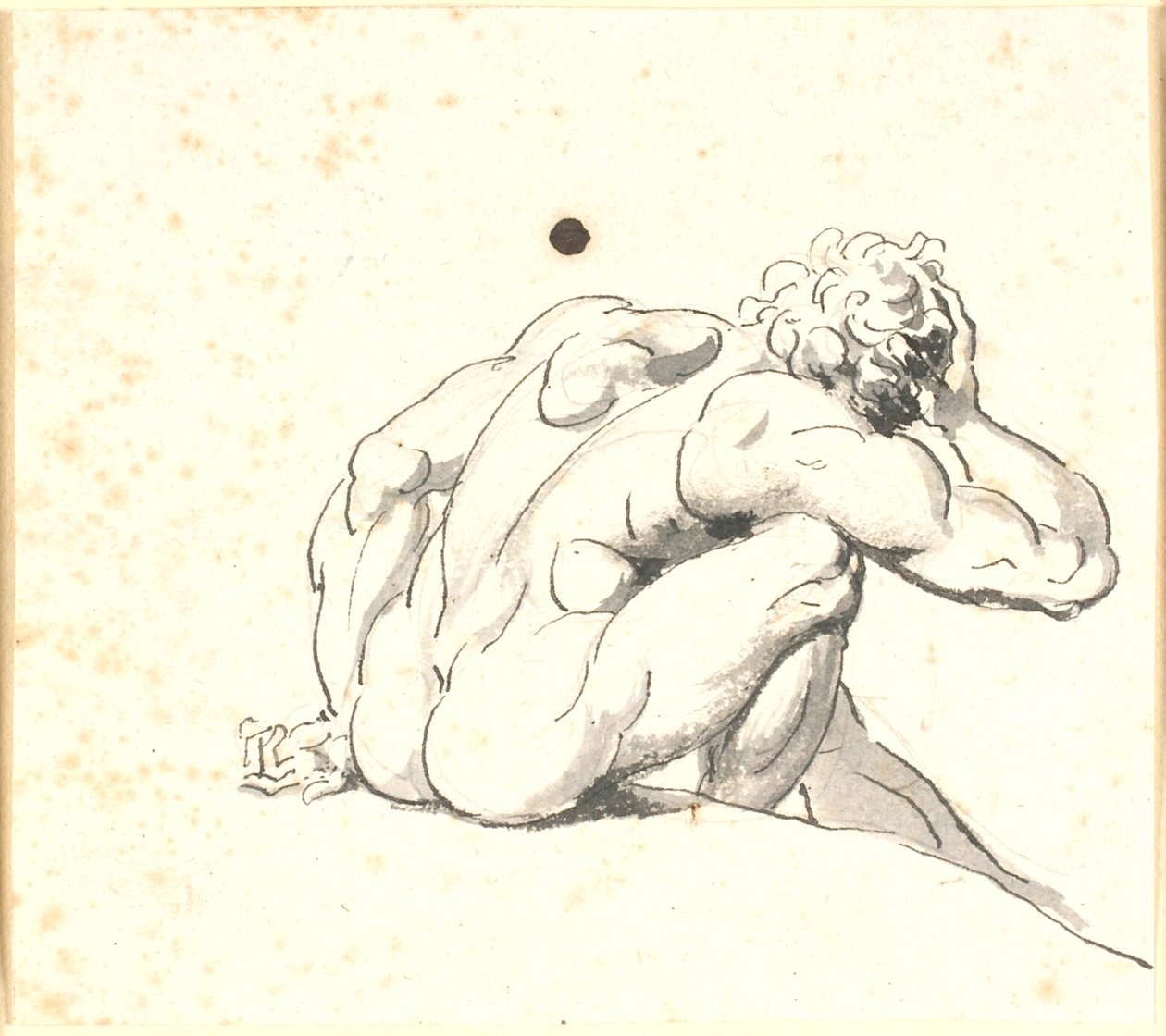 Hombre sentado inclinado hacia adelante, visto desde atrás con la mano derecha en la cabeza de Nicolai Abildgaard