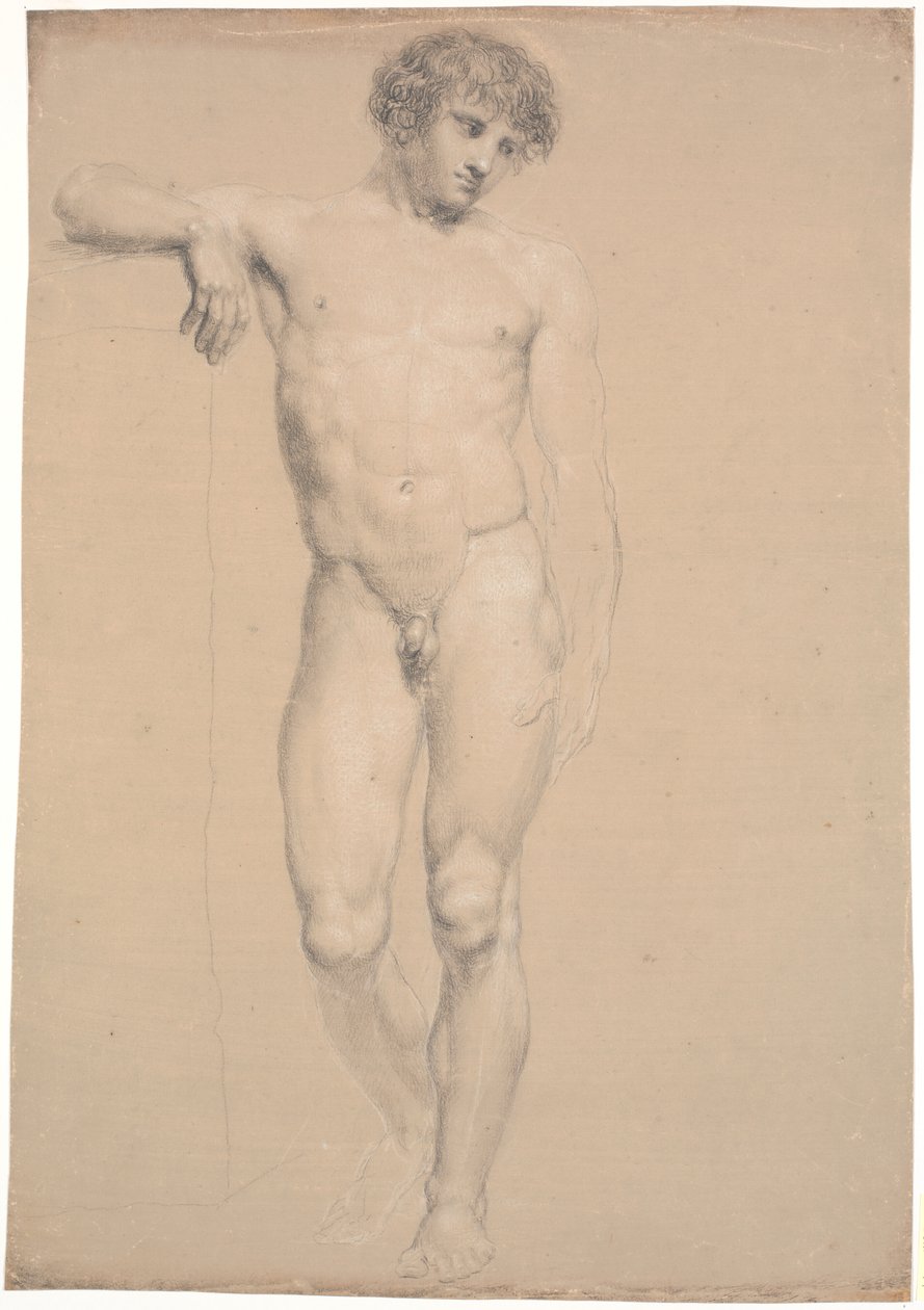 Modelo de pie. Vista frontal. Brazo derecho apoyado en un pedestal alto de Nicolai Abildgaard