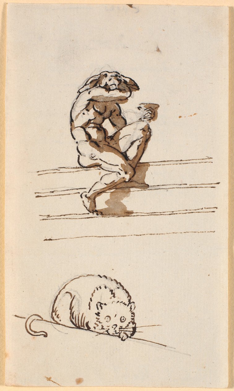 Estudio de Lucius con cabeza de asno. Abajo, estudio del gato en Simo confiando en Sosia de Nicolai Abildgaard
