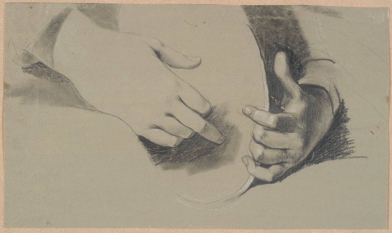 Estudio de dos manos sosteniendo un objeto ovalado (¿un espejo o una corona?) de Nicolai Abildgaard