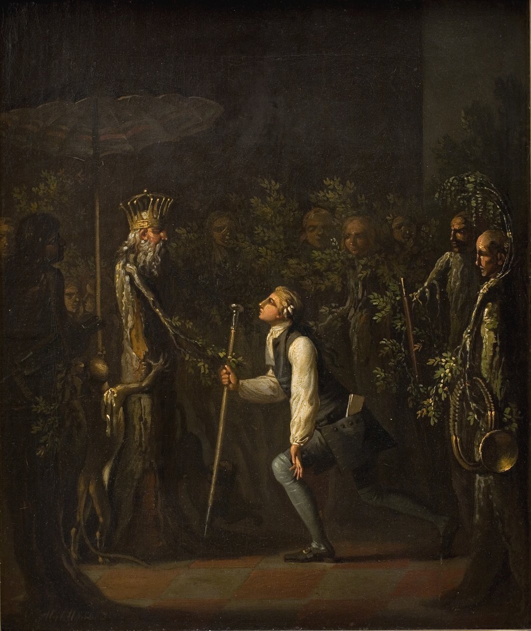 Los Potuanos se sorprenden al ver a Niels Klim arrodillarse frente al Príncipe Sabio de Nicolai Abildgaard