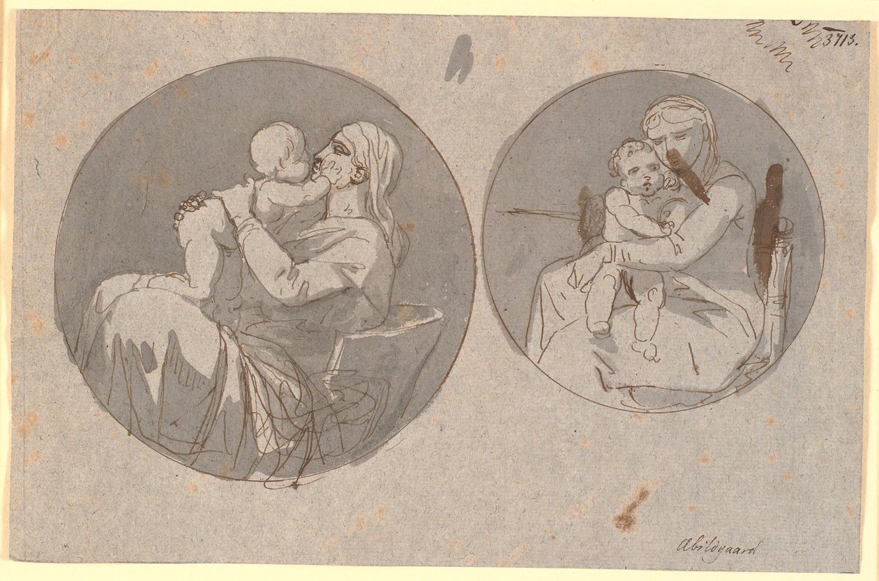 Dos composiciones circulares de una madre sentada con su hijo en brazos de Nicolai Abildgaard
