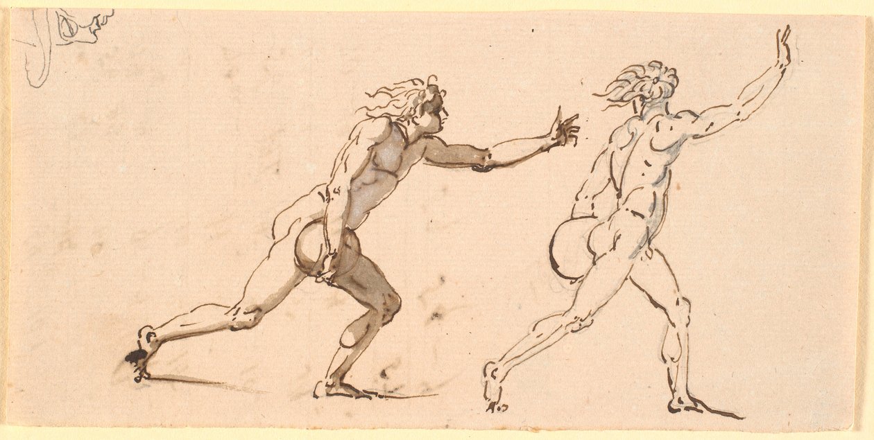 Dos hombres desnudos corriendo hacia la derecha, cada uno con una gran piedra en una mano, y un boceto de un rostro de perfil de Nicolai Abildgaard