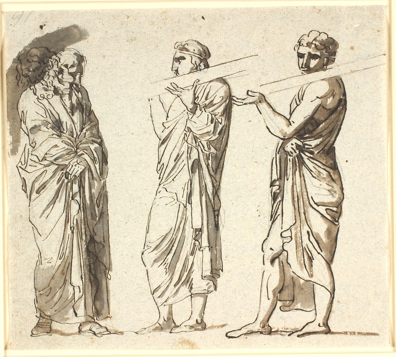 Tres hombres de pie, dos jóvenes llevando una tabla en el hombro, el tercero mayor en una postura pensativa de Nicolai Abildgaard