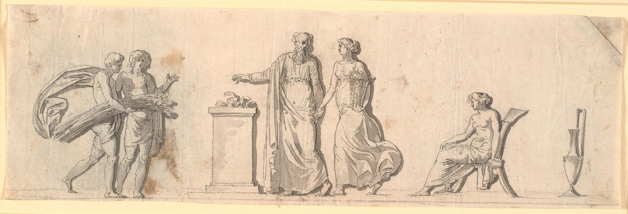 Boceto para la decoración de un campo, probablemente una tabla pintada en un mueble. Figuras antiguas con cestas de flores y espigas en un altar de Nicolai Abildgaard