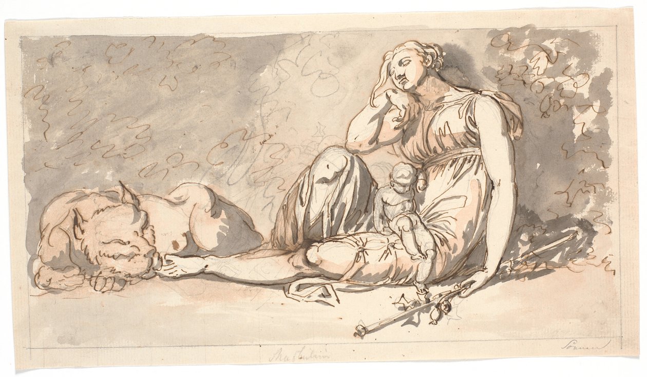 Boceto para un panel de puerta. El sueño, una figura femenina acostada con un niño pequeño y a su lado derecho un león de Nicolai Abildgaard