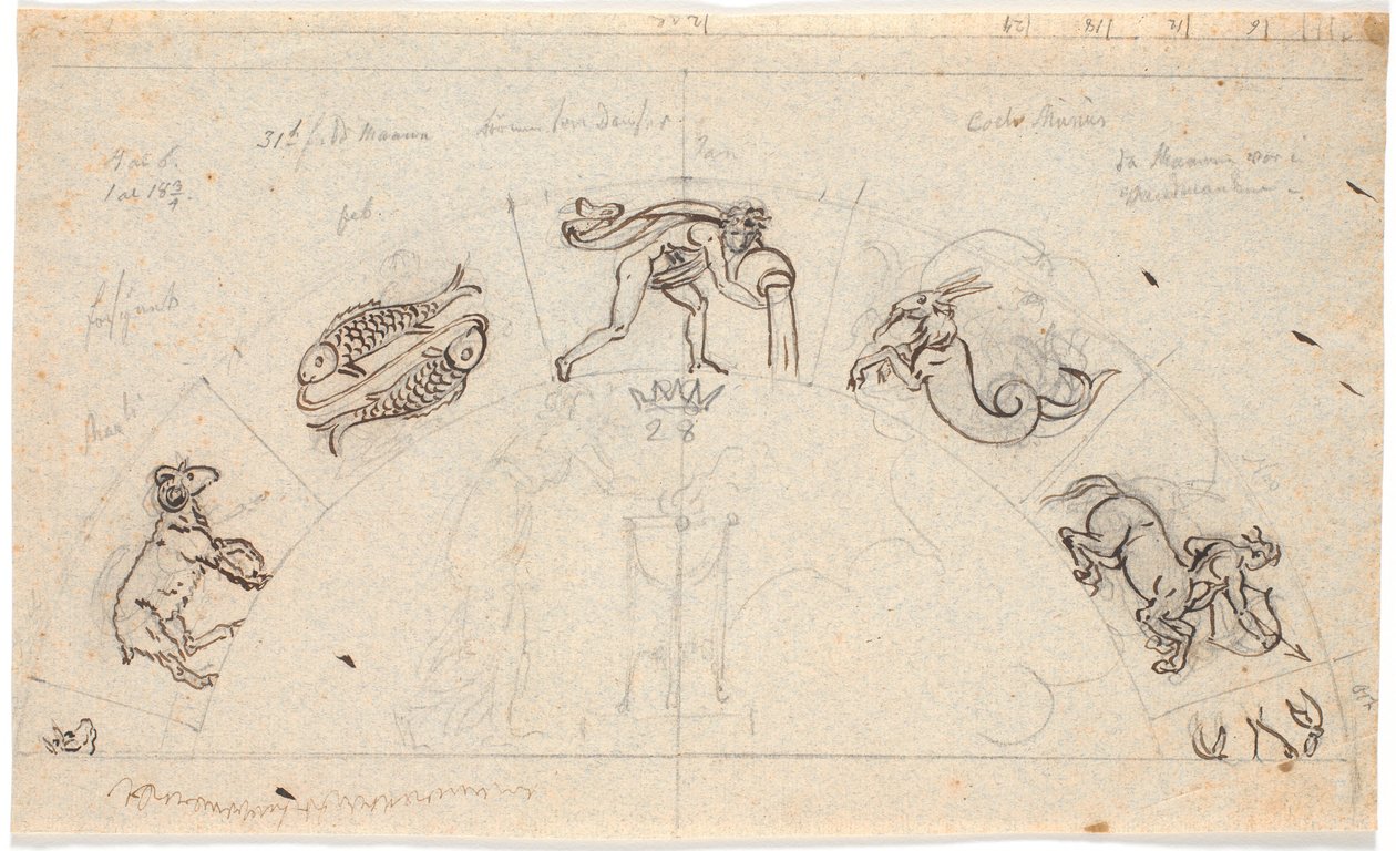 Boceto para un relieve de un campo semicircular; en el centro una mujer ofreciendo en un trípode, alrededor se ven algunos signos del zodiaco de Nicolai Abildgaard