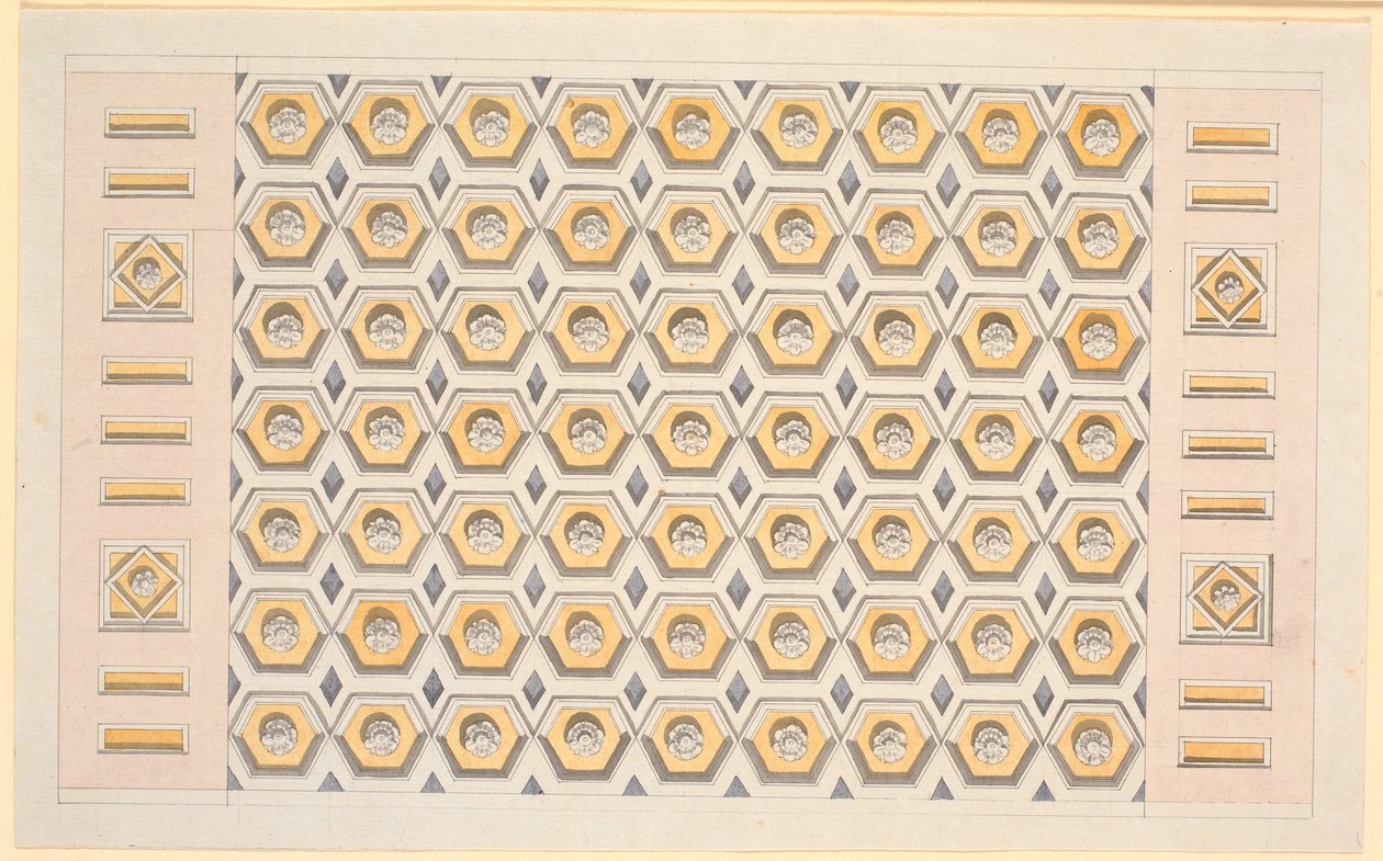 Boceto para techo con casetones hexagonales y rosetones en amarillo y violeta de Nicolai Abildgaard