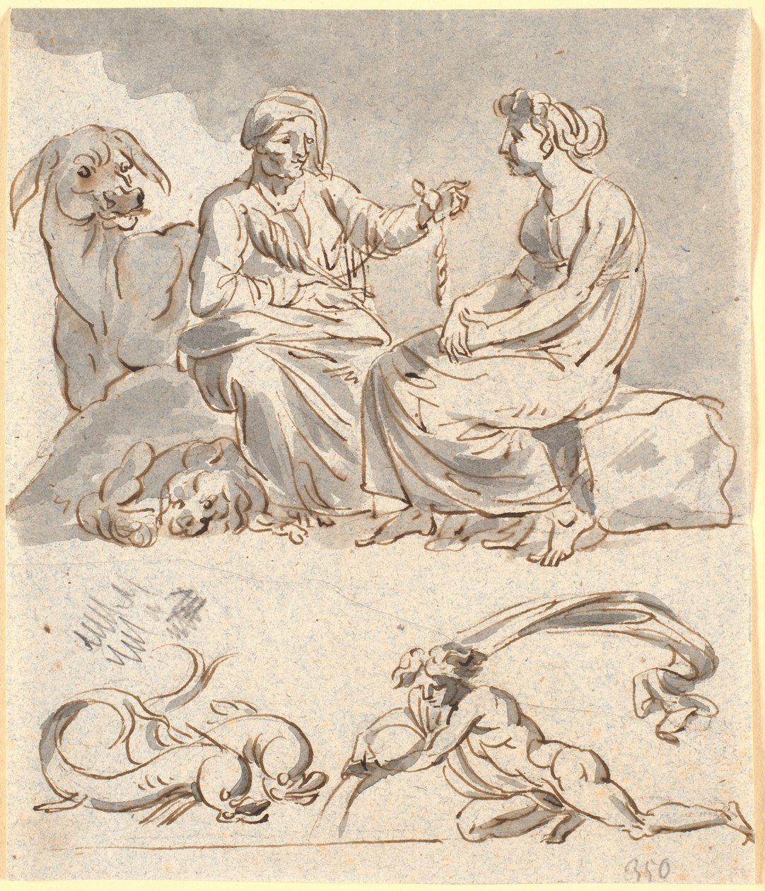 Boceto para escena de "El asno de oro" de Apuleyo, Libro 4. El ama de llaves de la banda de ladrones cuenta a la joven la leyenda de Amor y Psique. Debajo, un par de delfines y una figura desnuda, posiblemente el aguador - signo del zodiaco para febrero y  de Nicolai Abildgaard