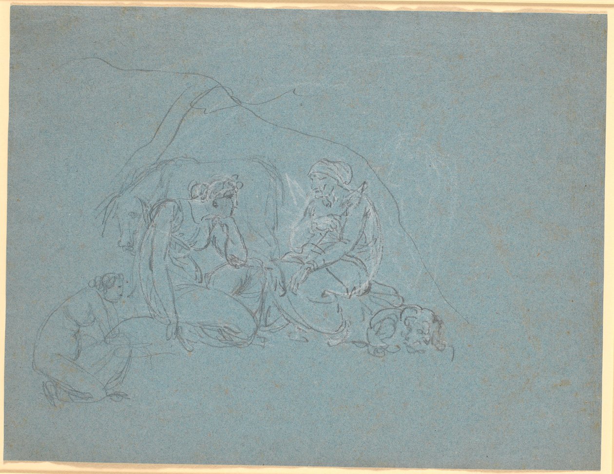 Boceto de escena en el "El asno de oro" de Apuleyo, libro 4. El ama de llaves de la banda de ladrones cuenta a la joven la historia de Amor y Psique de Nicolai Abildgaard