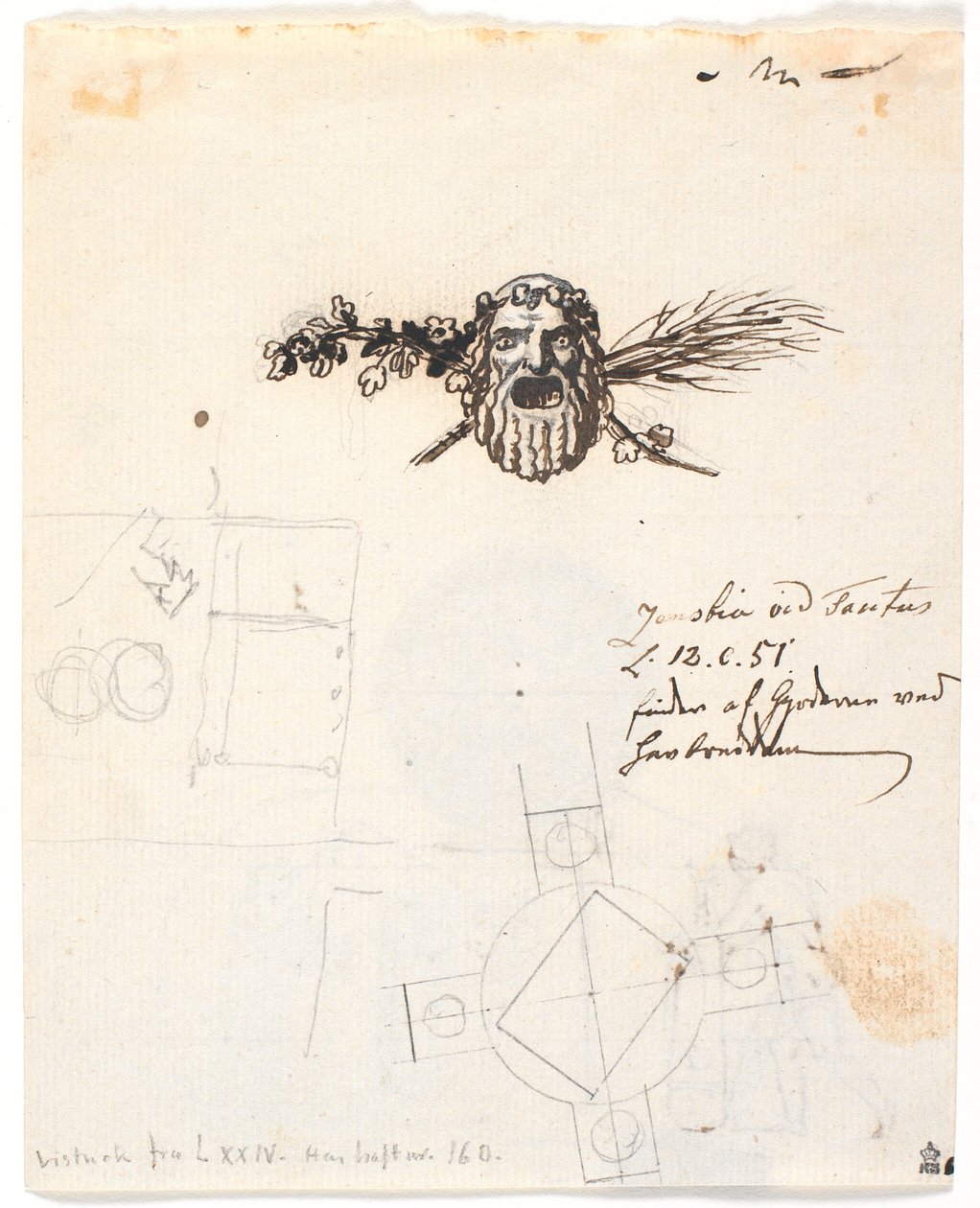 Boceto para el sello del cuerpo de minería de Røros, junto con un par de pequeños bocetos de figuras de Nicolai Abildgaard