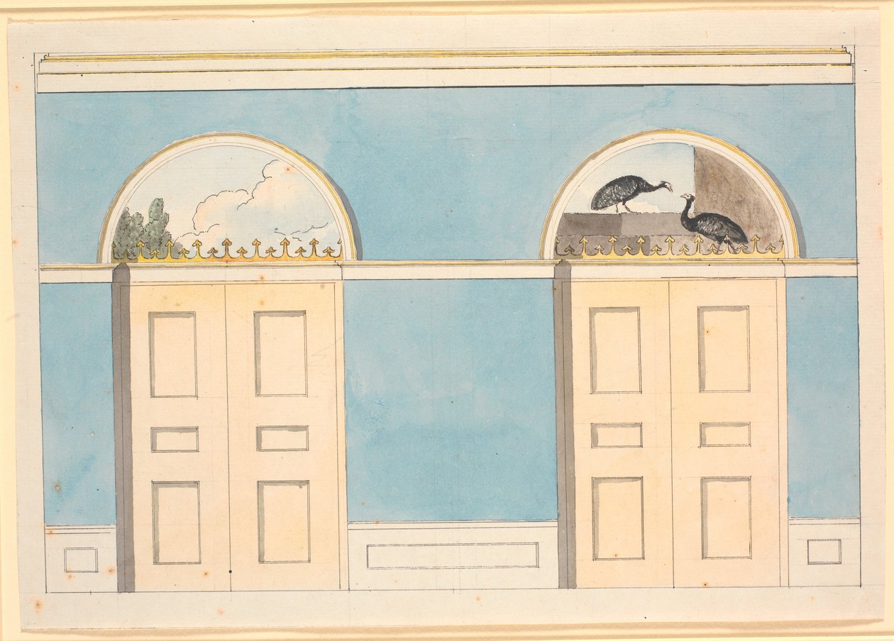 Boceto para decoración de pared con campos semicirculares sobre dos puertas, en paredes azules de Nicolai Abildgaard