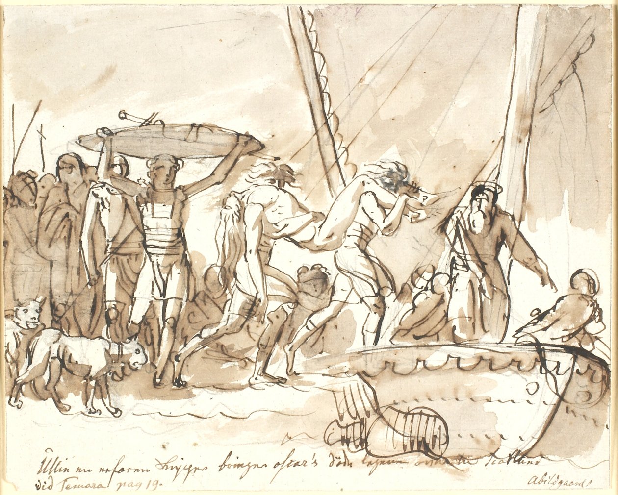 Ullin lleva el cuerpo muerto de Oscar a Escocia. Poemas de Ossian, Temora I de Nicolai Abildgaard