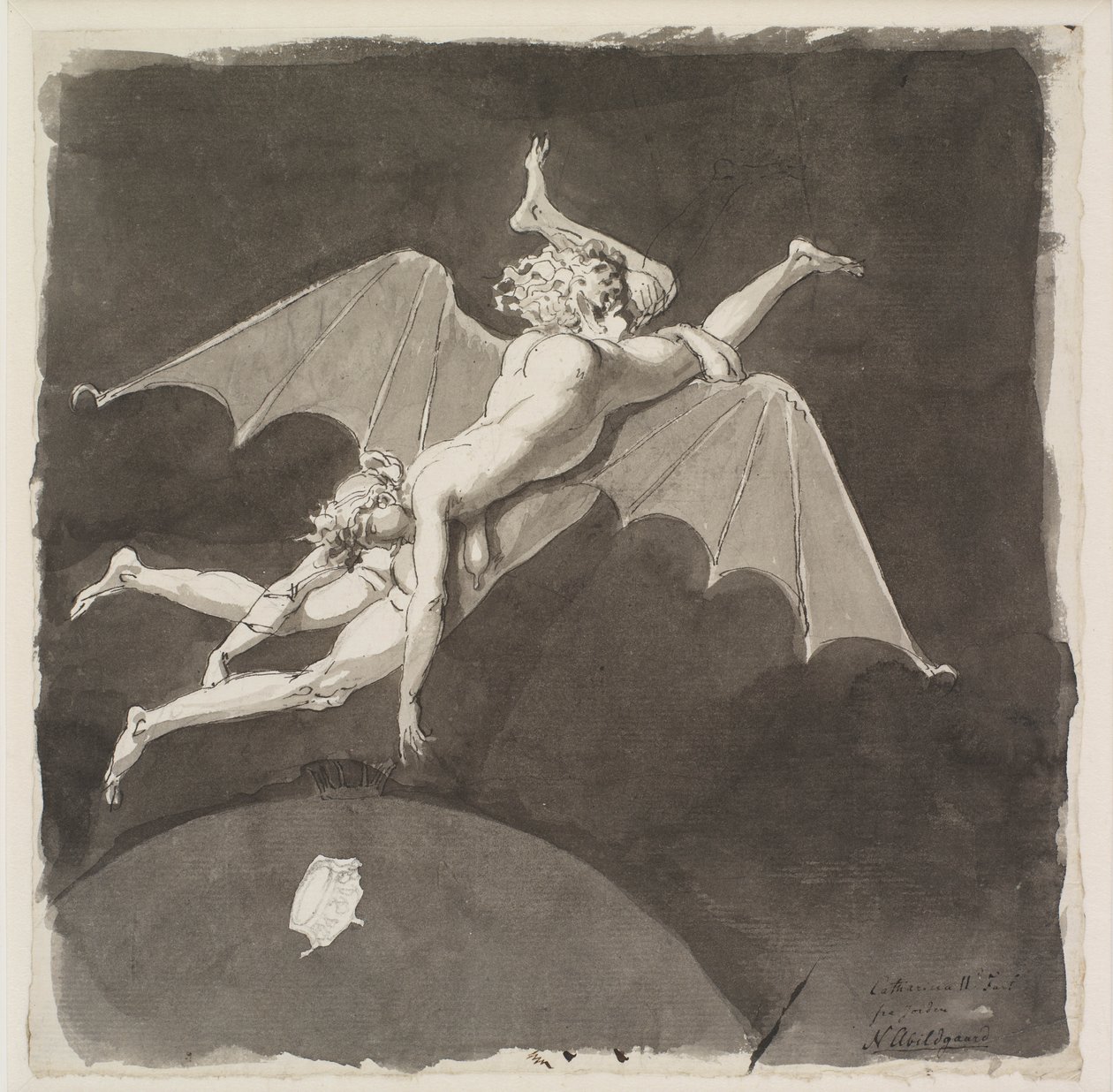 Catalina la Grande, desnuda, volando lejos de la Tierra en la espalda de un hombre con alas de murciélago de Nicolai Abraham Abildgaard