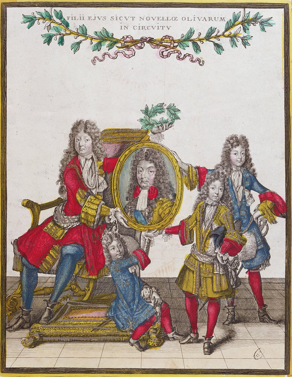La familia real francesa sosteniendo un retrato de Luis XIV de Nicolas Arnoult