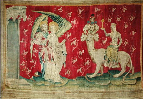 La ramera montando la bestia, no. 65 del Apocalipsis de Angers, 1373-87 de Nicolas Bataille
