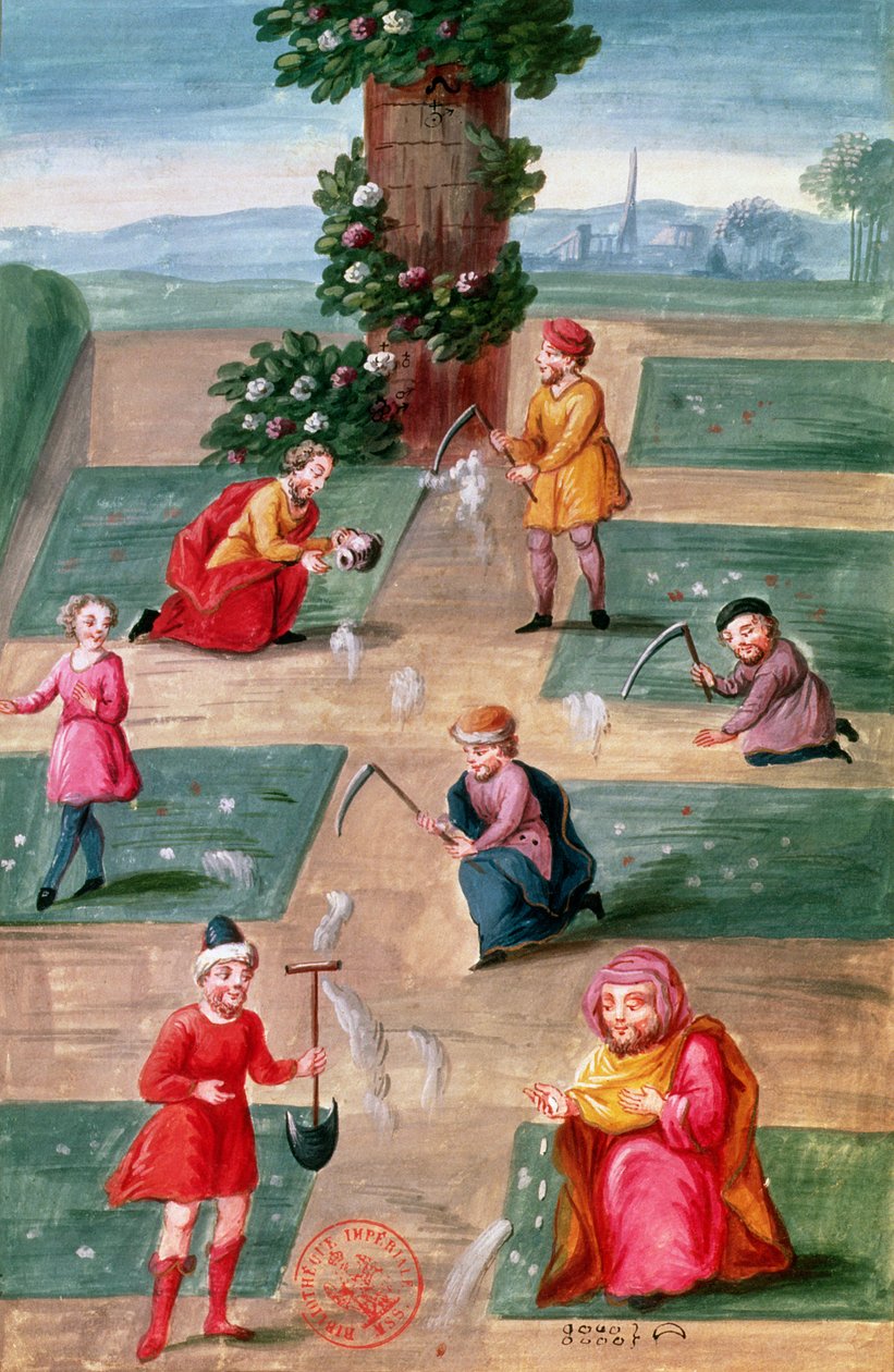 Ms Fr. 14765 f.42-43 Alquimistas franceses buscando oro material, supuestamente escrito por Nicolas Flamel (c.1330-1418) de Nicolas Flamel
