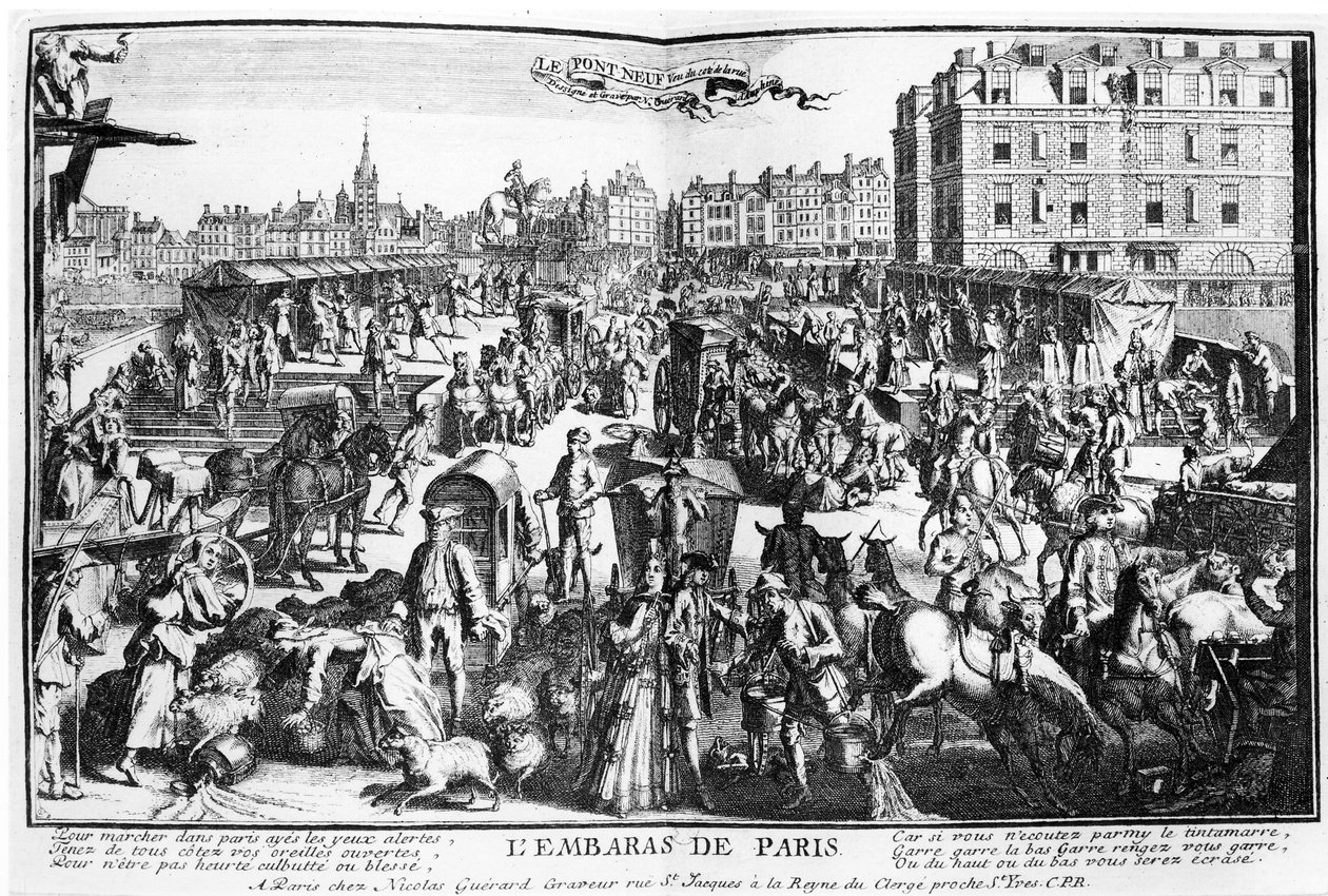 La congestión en París, Pont Neuf desde la Rue Dauphine de Nicolas Guerard