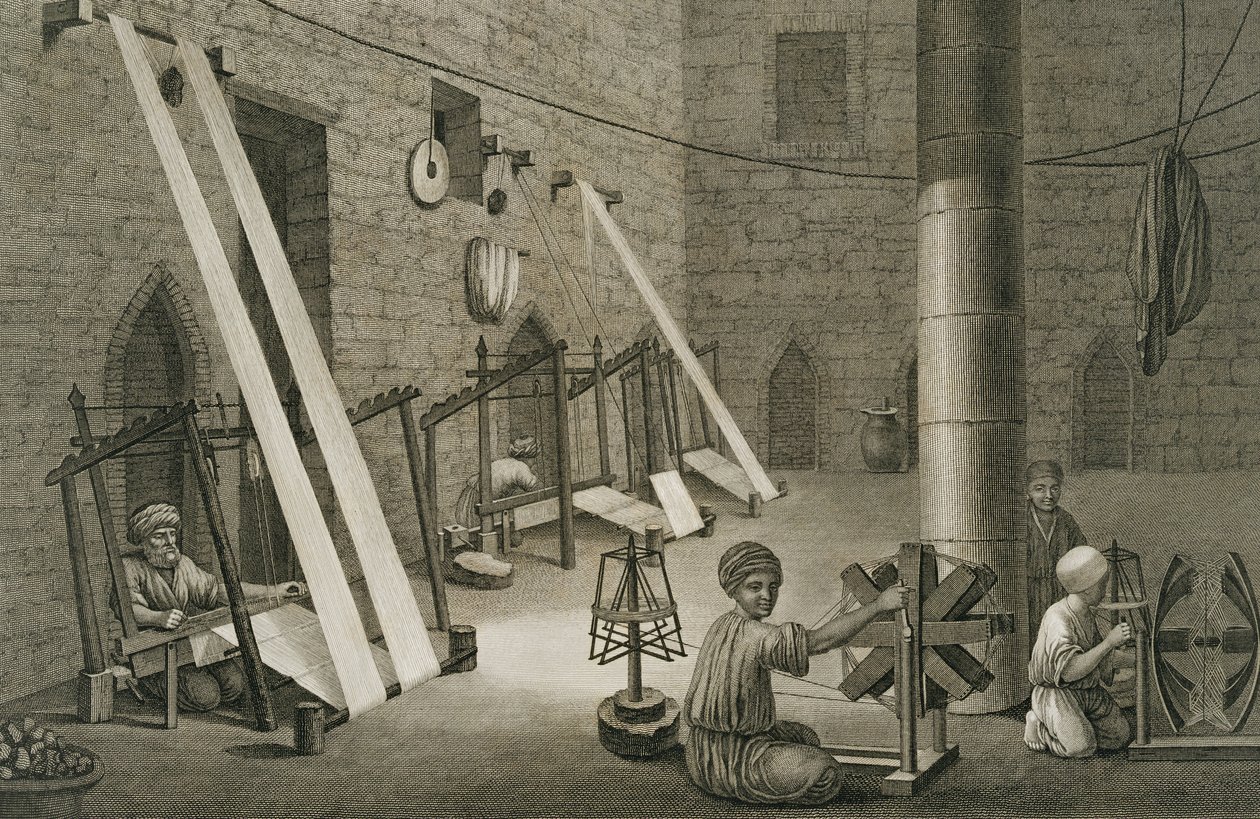 Interior de un taller de tejedor, del Volumen II Artes y Oficios de 