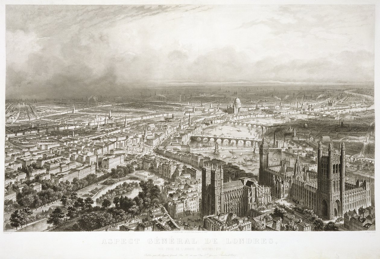 Vista aérea de Londres desde la Abadía de Westminster, grabado por A. Appert de Nicolas Marie Joseph Chapuy