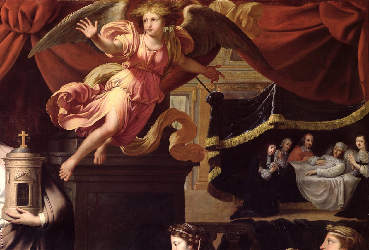 Exvoto a la enfermedad de Luis XIV (1638-1715) en Calais, julio de 1658, (detalle) de un ángel y Luis en su lecho de muerte de Nicolas Mignard