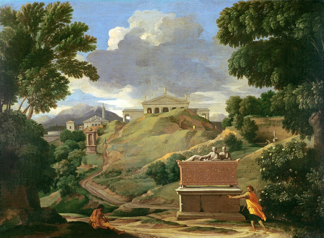 Paisaje con ruinas clásicas y sarcófago etrusco, c.1634 de Nicolas Poussin