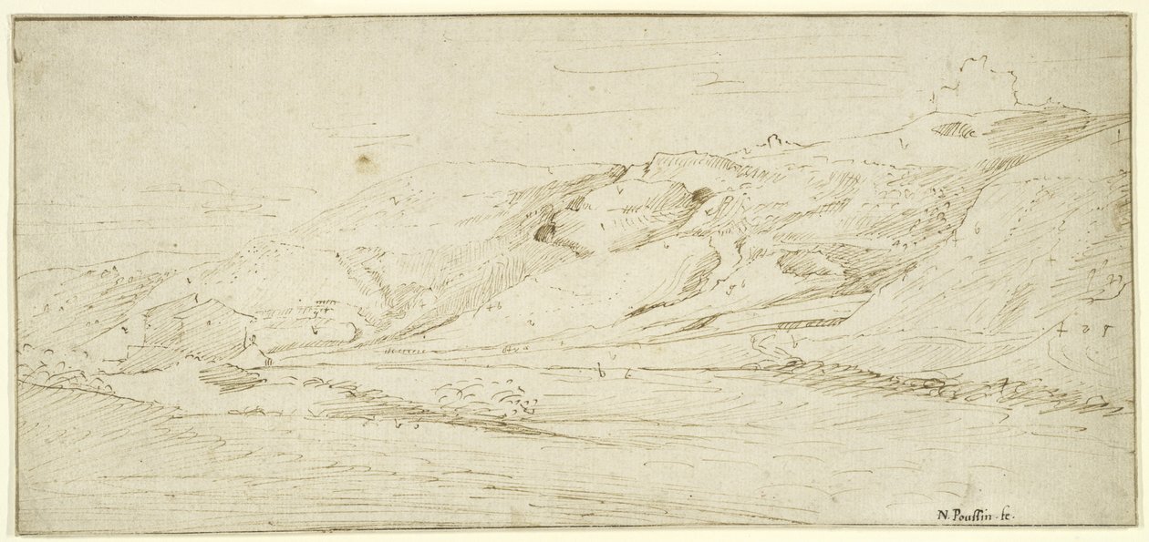 Paisaje montañoso con dos casas de Nicolas Poussin