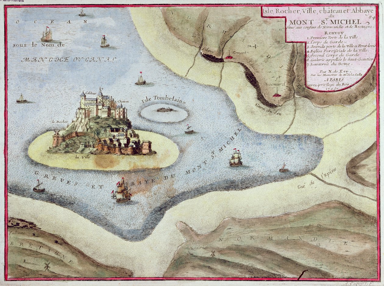 La ciudad, el castillo y la abadía de Mont Saint-Michel, 1703 de Nicolas de Fer