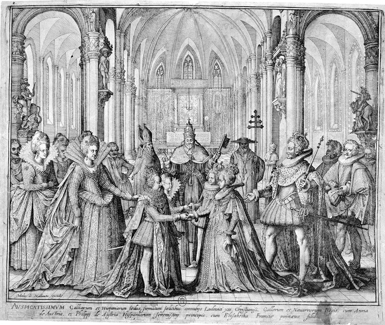 El doble matrimonio en 1615 de Luis XIII (1601-43) con Ana de Austria (1601-66) y Felipe de Austria (1605-65) futuro Felipe IV de España con Isabel de Francia (1602-44) de Nicolas de Mathoniere